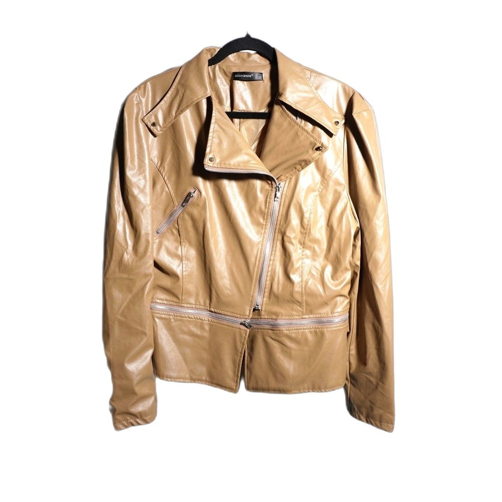 Oioninos Womens Tan Faux Leather Moto Biker Jacket Size 16 Camel Zip Up‎ Peplum